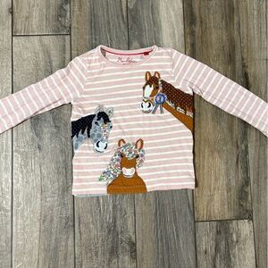 Mini Boden Pink & White Striped Long Sleeve Top with Horse Appliqués